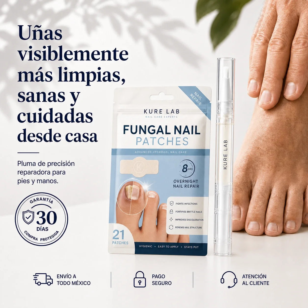 Kure Lab — kit pluma + parches nocturnos, pie y mano de hombre